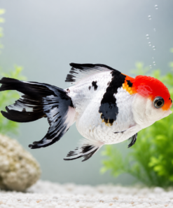 A premium 3.5-inch Bi-Color Oranda Goldfish with a prominent red cap and black and white scales swimming in a clean aquarium.
