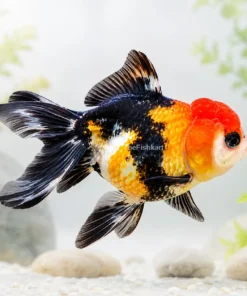 Royal Tri Color Oranda goldfish with white, black and orange-red colors in a beautiful aquarium background.